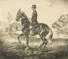 Korda Béla (1899-1972): Piaffe (lovas témájú grafika), 1935. Rézkarc, papír, jelzett, 20×23,5 cm