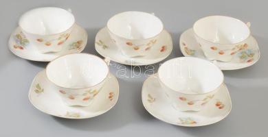 Antik epermintás 5 darab vékonyporcelán csésze alátéttel, kopással d: 15 cm