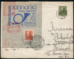 1937 Pannóniai Bélyeg Egyesület emlékív futott levélen, alkalmi bélyegzéssel / souvenir sheet on cov...