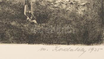 Korda Béla (1899-1972): Állás (lovas témájú grafika), 1935. Rézkarc, papír, jelzett, 20×23,5 cm