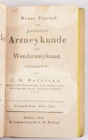 Hufeland Christoph Wilhelm: Neues Journal der practischen Arzneykunde und Wundarzneykunst 20. Band. 3. Stück.  Berlin, 1808. Wittich 159p. + 15. Band 4 .Stück. Berlin, 1805. Wittich. 48p. + 1 kih t. Korabeli aranyozott gerncű kartonált kötésben    Nagyon fontos korai orvosi szakfolyóirat volt a 19. század elején. Hufeland a korszak egyik legismertebb orvosa volt, a Berlin egyetem professzora, és több orvosi reformban is szerepet játszott. A folyóirat 1795 körül indult, több mint 50 kötet jelent meg, a kor legfontosabb orvosi kutatásait és klinikai eseteit közölte.