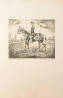 Korda Béla (1899-1972): Lépés hosszúszárú (lovas témájú grafika), 1935. Rézkarc, papír, jelzett, 20×...