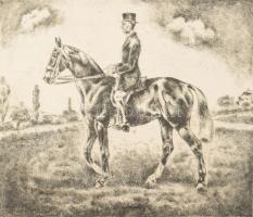 Korda Béla (1899-1972): Lépés hosszúszárú (lovas témájú grafika), 1935. Rézkarc, papír, jelzett, 20×...