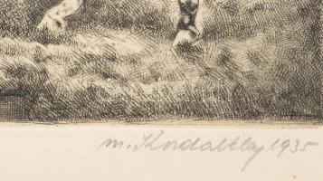 Korda Béla (1899-1972): Lépés hosszúszárú (lovas témájú grafika), 1935. Rézkarc, papír, jelzett, 20×...