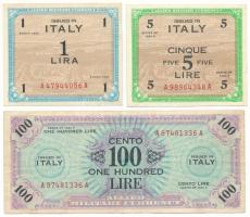 Olaszország / Nemzetközi megszállás 1943. 1L + 5L + 100L T:XF-F Italy / Allied Military Currency 1943. 1 Lira + 5 Lire + 100 Lire C:XF-F Krause P#M10, P#M18a, P#M21a