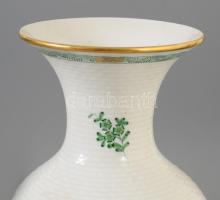 Herendi indiai kosár zöld mintás fonott felületű váza, jelzett, hibátlan, m: 25 cm