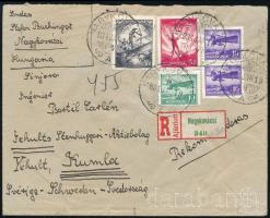 1934 Ajánlott levél 5 db Repülő II. bélyeggel Nagykovácsiból Svédországba küldve / Registered cover to Sweden