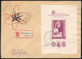 1958 Brüsszeli világkiállítás blokk ajánlott FDC-n "BUDAPEST-BRUXELLES LÉGIJÁRAT" bélyegzé...