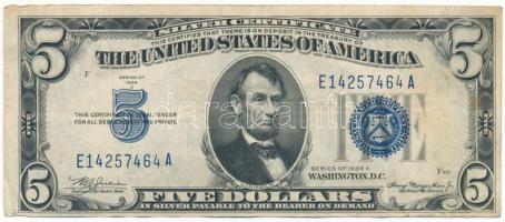 Amerikai Egyesült Államok 1934. 5$ "Silver Certificate - kisméretű" kék pecsét "William Alexander Julian, Henry Morgenthau" "E14257464A" T:F  USA 1934. 5 Dollars "Silver Certificate - Small size" blue seal "William Alexander Julian, Henry Morgenthau" "E14257464A" C:F Krause P#414A