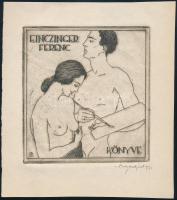 Bajor Ágost (1892-1958): Ex libris Einczinger Ferenc (erotikus kisgrafika), 1932. Rézkarc, papír, jelzett, 9,5×9 cm