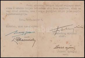 1948 Tata, galánthai gróf Esterházy Miklós (Esterházy Mária Ferenc Miklós) (1924-2004) aláírása Tópart utca 1. szám alatti ingatlanának eladásáról szóló szerződésen (a vevő Zottl György órás), kissé foltos, sérült + az ingatlan egy részletét ábrázoló fotó