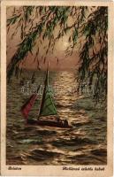 Balaton, hullámzó ezüstös habok, vitorlás hajó