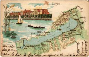 1905 Siófok, Sió és Hullám szálloda, Balaton térkép. Károlyi Gy. kiadása. Art Nouveau, litho (EM)