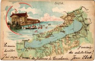 1905 Siófok, Balaton térkép, fürdőház, strand. Károlyi Gy. kiadása. Art Nouveau, litho (EM)