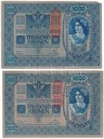 Ausztria 1919 (1902) 1000K, függőleges "DEUTSCHÖSTERREICH" felülbélyegzéssel, mindkét oldal német (2x) T:F,VG Austria 1919 (1902) 1000 Kronen, with vertical "DEUTSCHÖSTERREICH" overprint, both sides in German (2x) C:F,VG Krause P#58