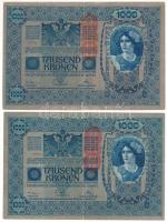 Ausztria 1919 (1902) 1000K, függőleges "DEUTSCHÖSTERREICH" felülbélyegzéssel, mindkét oldal német (2x) T:F,VG Austria 1919 (1902) 1000 Kronen, with vertical "DEUTSCHÖSTERREICH" overprint, both sides in German (2x) C:F,VG Krause P#58