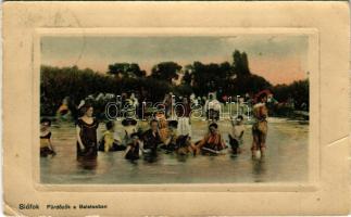 1912 Siófok, fürdőzők a Balatonban, strand, nádas (EK)