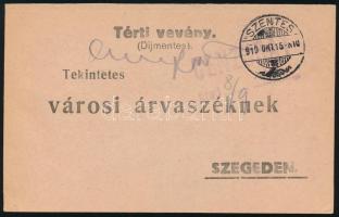 1919 Cenzúrázott tértivevény "SZENTES" - Szeged / Censored receipt