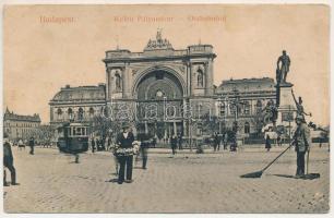 1908 Budapest VII. Keleti pályaudvar, vasútállomás, Baross szobor, villamos, virágárus, utcaseprő. T...