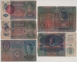 1912. 100K felülbélyegzés nélkül + 1913. 20K piros "DEUTSCHÖSTERREICH" felülbélyegzéssel + 1914. 50K piros "MAGYARORSZÁG" felülbélyegzéssel + 1915. 10K (2x) egyik piros "MAGYARORSZÁG" felülbélyegzéssel, a másik kiolvashatatlan, talán cirill betűs felülbélyegzéssel T:F-G