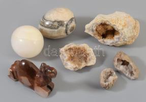 Kis doboznyi ásvány tétel, faragott teve, ásvány tojás, geodák.