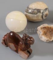 Kis doboznyi ásvány tétel, faragott teve, ásvány tojás, geodák