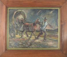 Simó Lajos (1911-1945): Hazatérés (lovaskocsi), 1943. Olaj, karton, jelezve balra lent, hátoldalán a...