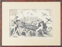 Arkady Kondratski (1901-1977), lengyel művész: Vadászat, Balatonlelle, 1940. Tus, papír, jelezve job...