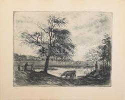 Élesdy István (1912-1987): Itatás. Rézkarc, papír, jelzett, kartonra kasírozva, 29,5×38,5 cm