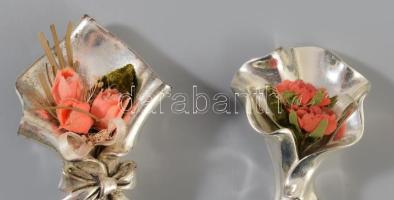 Olasz ezüsttel laminált 2 darab virágcsokor asztaldísz, jelzett, h: 9,5 cm