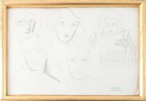 Gyenes Gitta (1888-1960): Női fejek, portrék. Ceruza, papír, hagyatéki pecséttel jelzett, üvegezett fakeretben, 21,5×30 cm