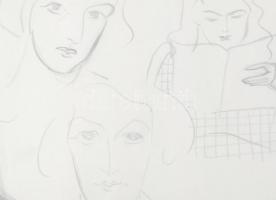 Gyenes Gitta (1888-1960): Női fejek, portrék. Ceruza, papír, hagyatéki pecséttel jelzett, üvegezett ...