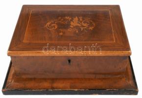 cca 1900 Íróasztali díszdoboz, intarziás díszítéssel, kulcs nélkül, 34x27 cm