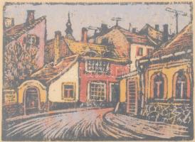 Réti Mátyás (1922-2002): Utca. Színes linómetszet, papír, jelzett, üvegezett fakeretben, 23×28 cm