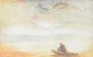Bauer János (1924-2009): Horgász az Orfűi tónál, 1986. Vegyes technika, papír, jelzett, üvegezett fakeretben, 34×48 cm
