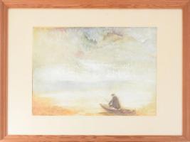 Bauer János (1924-2009): Horgász az Orfűi tónál, 1986. Vegyes technika, papír, jelzett, üvegezett fa...