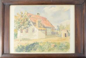 Szendeff Miklós (-): Faluvégi ház, Tolna, 1920. Akvarell, papír, jelzett, üvegezett fakeretben, 22x30 cm
