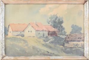 Szendeff Miklós (-): Faluvégi ház, Tolna, 1930 körül. Akvarell, papír, jelzés nélkül, hátoldalán feliratozott. Ázásnyommal. Üvegezett, sérült fakeretben, 22x30 cm