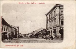Marosvásárhely, Targu Mures; Szentgyörgy utca, Bedő Kálmán, Gyulay Testvérek üzlete, Bergel Mór buda...