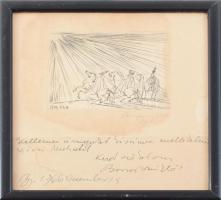 Borsos Miklós (1906-1990): Háromkirályok, 1966. Rézkarc, papír, jelzett, Borsos Miklós autográf soraival, üvegezett fakeretben, ázásnyomokkal, 8,5x11 cm