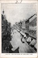 Szczecin, Stettin; Breitestrasse mit Berliner Tor / street, tram, shops, city gate (EK)
