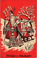 Üdvözlet a Mikulástól / Saint Nicholas greeting art postcard (fa)