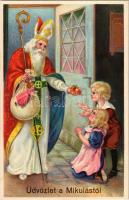 Üdvözlet a Mikulástól / Saint Nicholas greeting art postcard. litho