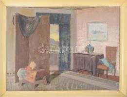 Piri Kálmán (1908-1983): Enteriőr kilátással. Olaj, farost, jelzett, hátoldalán Képcsarnok Vállalat cimkéjével. Fakeretben. 80×60 cm