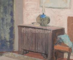 Piri Kálmán (1908-1983): Enteriőr kilátással. Olaj, farost, jelzett, hátoldalán Képcsarnok Vállalat ...