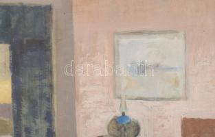 Piri Kálmán (1908-1983): Enteriőr kilátással. Olaj, farost, jelzett, hátoldalán Képcsarnok Vállalat ...