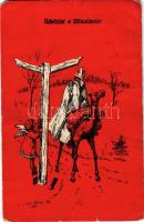 Üdvözlet a Mikulástól. Mikulás tevével / Saint Nicholas greeting art postcard with camel. C. H. W. V...