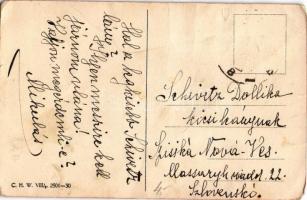 Üdvözlet a Mikulástól. Mikulás tevével / Saint Nicholas greeting art postcard with camel. C. H. W. V...