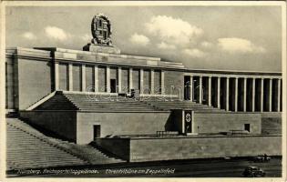 1938 Nürnberg, Reichsparteiaggelände, Zeppelinfeld, Ehrentribüne, Verlag Ludwig Riffelmacher / NSDAP Nazi grandstand, swastika flag, automobile + So. Stpl (EK)