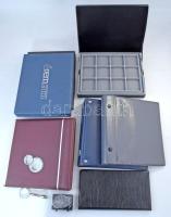 3db Éremtartó kazetta egyenként 24 férőhellyel (50x50mm) kivehető tálcával (összesen 72 férőhely), használt + 4db különféle érmés berakóalbum, egyikben különböző évjáratú 2Ft, 10Ft és 20Ft-os érmék + 2db nagyító. Használt, jó állapot.